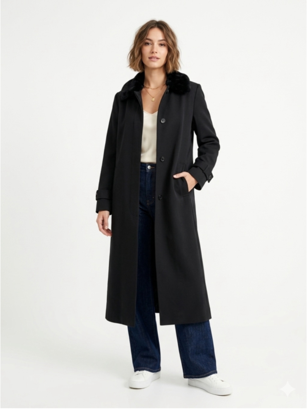 Women's UTEX Design Vintage Black Wool Blend Maxi Trench Coat Faux Fur Collar 12